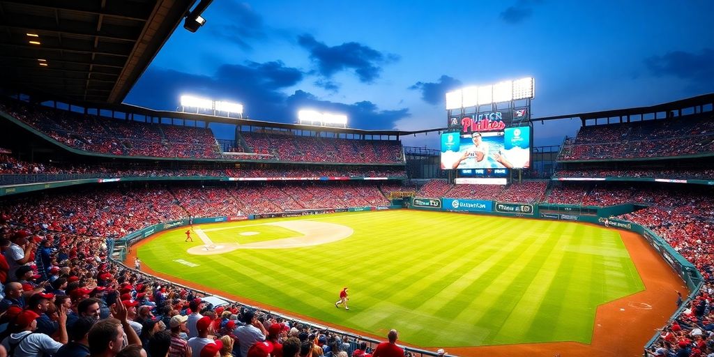 Vibrant Phillies baseball game at Citizens Bank Park with cheering fans.