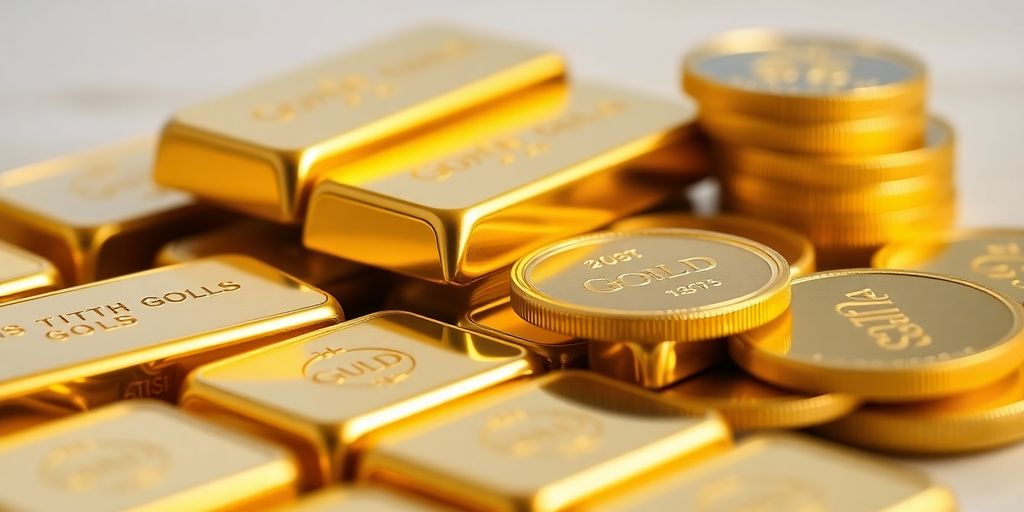 Barres et pièces d'or d'investissement sur fond flou.