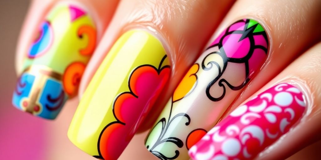 Unhas decoradas com cores modernas e designs elaborados.