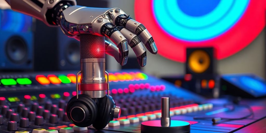 AI DJ mixing music, studio lights
