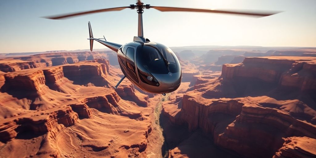 A modern helicopter flying over the Grand Canyon South Rim.