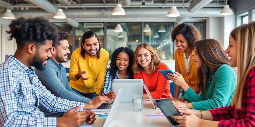 Diverse team collaborating in a bright, tech-filled workspace.