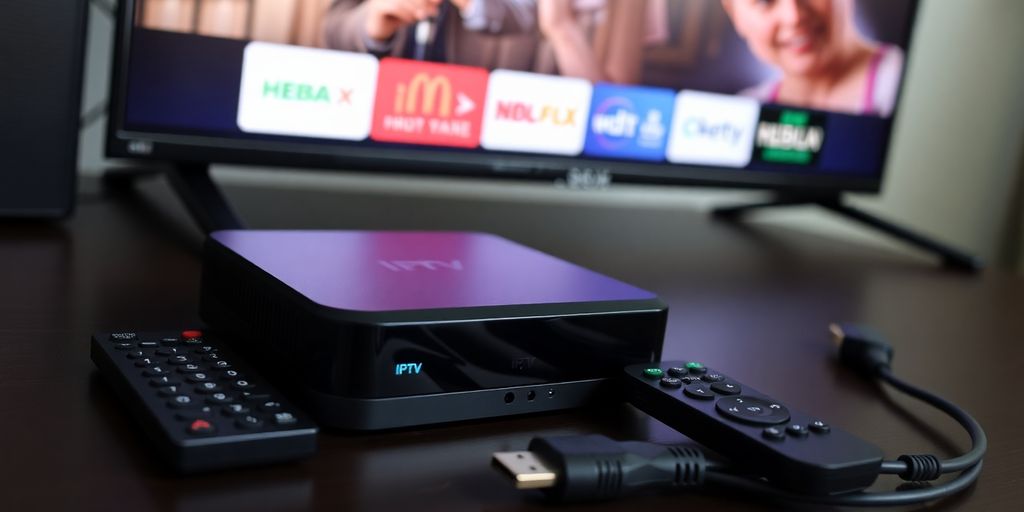 Boîtier IPTV moderne avec télécommande et câble HDMI.