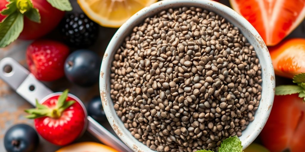 Bowl of chia seeds with fresh fruits and spoon.