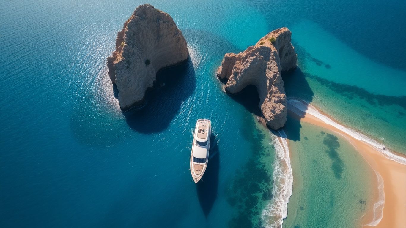 Aerial view of Cabo coastline with yacht and rock formations.