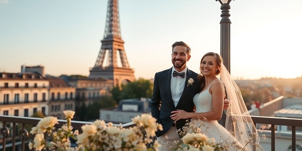 Romantische Hochzeitszeremonie mit Blick auf den Eiffelturm.