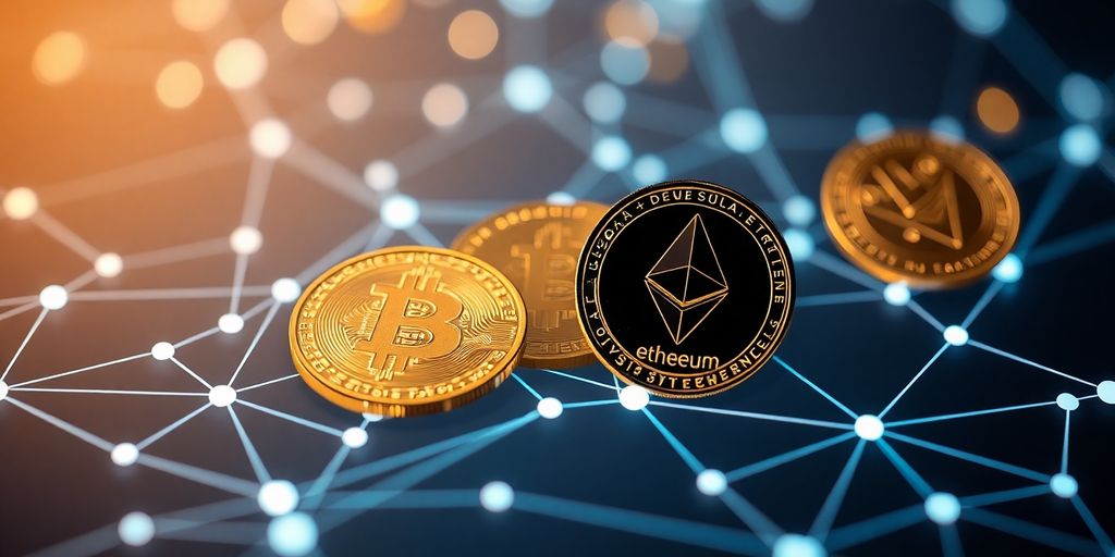 Digital coins flowing over a network, illustrating arbitrage.