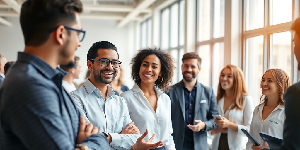 Diverse professionals collaborating in a modern office.