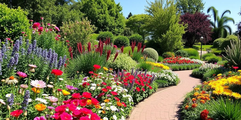 Colorful garden with flowers and a winding path.