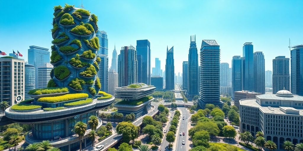 Green city skyline, modern architecture, lush parks.