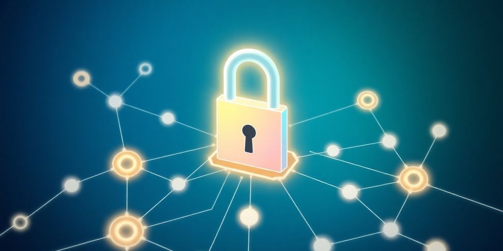 Interconnected digital nodes and a secure lock illustration.