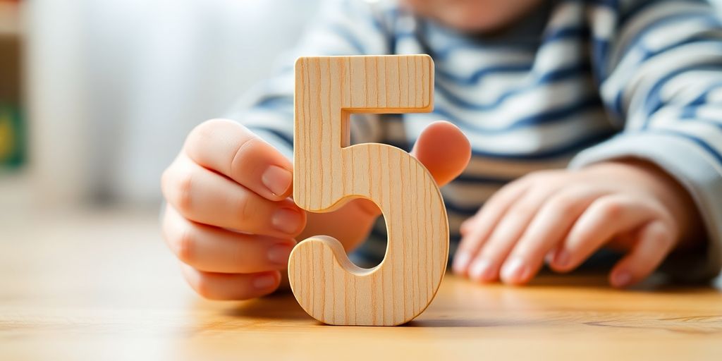 Child's hands holding wooden number five.