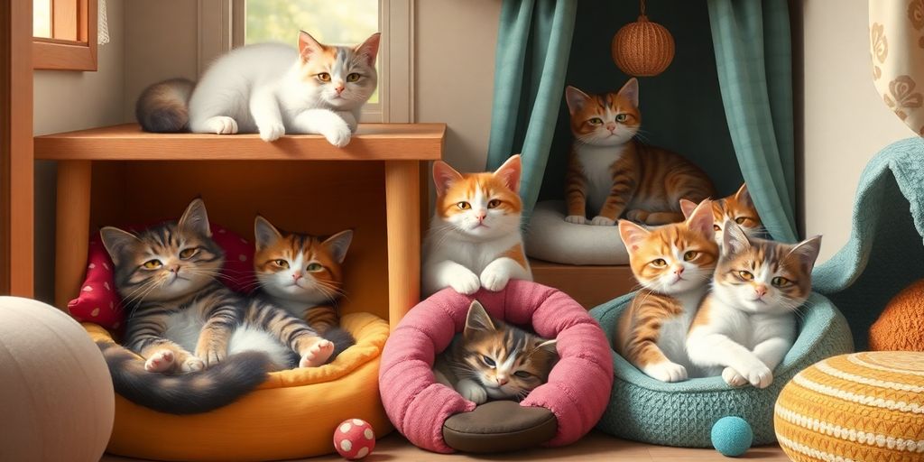 Multi-cat home with cozy spaces for each cat.