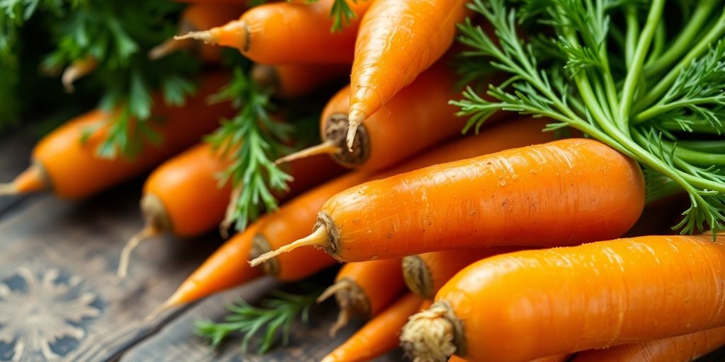 Close-up of fresh carrots on a wooden surface.