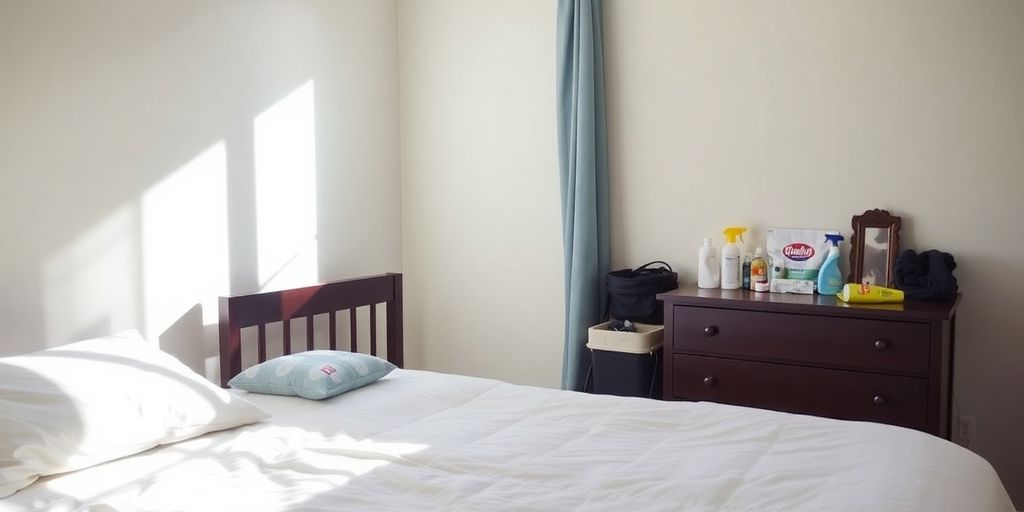 An organized bedroom prepared for bed bug treatment.