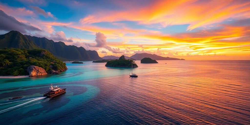 Îles tropicales et coucher de soleil, idéales pour des croisières de luxe.