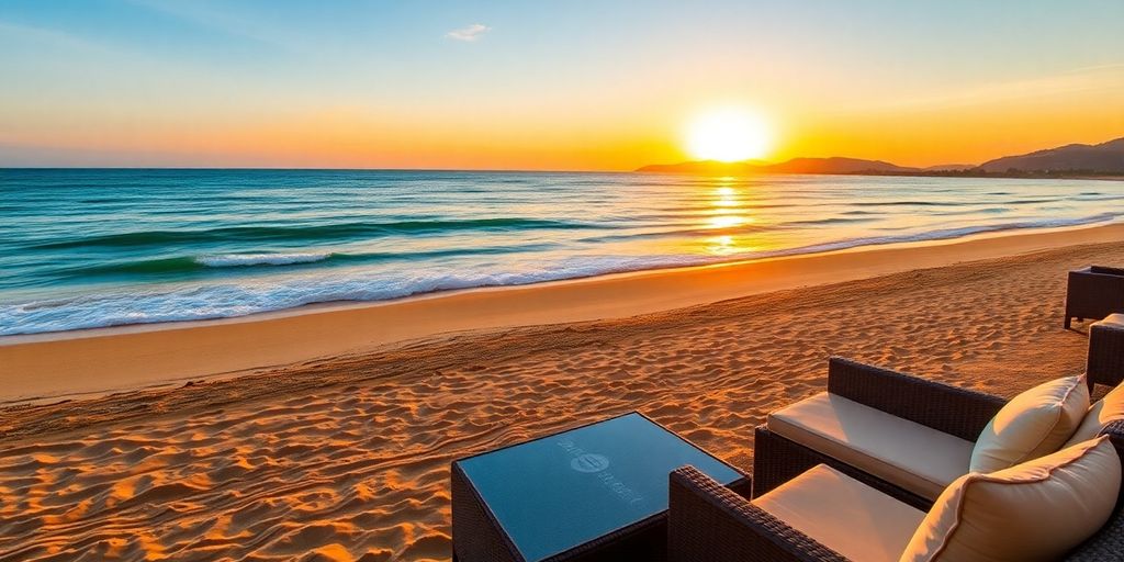 Beachfront rental with stunning sunset and golden sands.