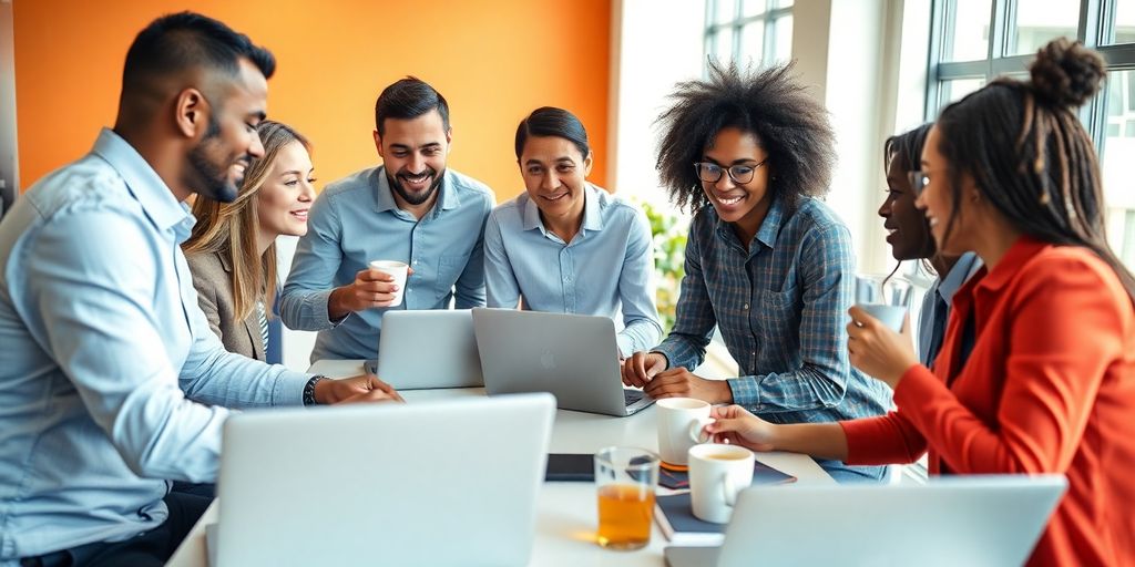 Business professionals collaborating in a bright, modern workspace.