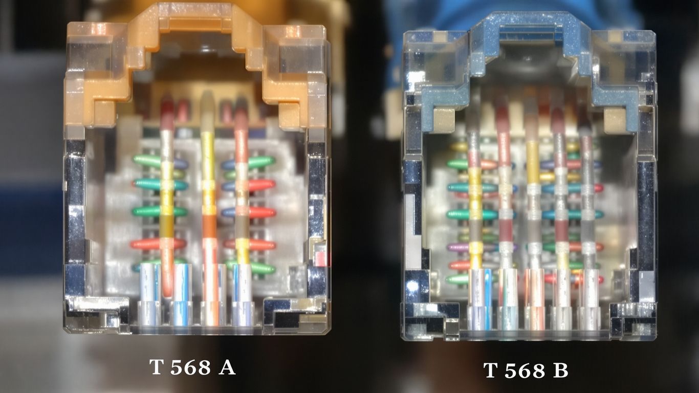 RJ45 connectors with T568A and T568B wiring patterns.