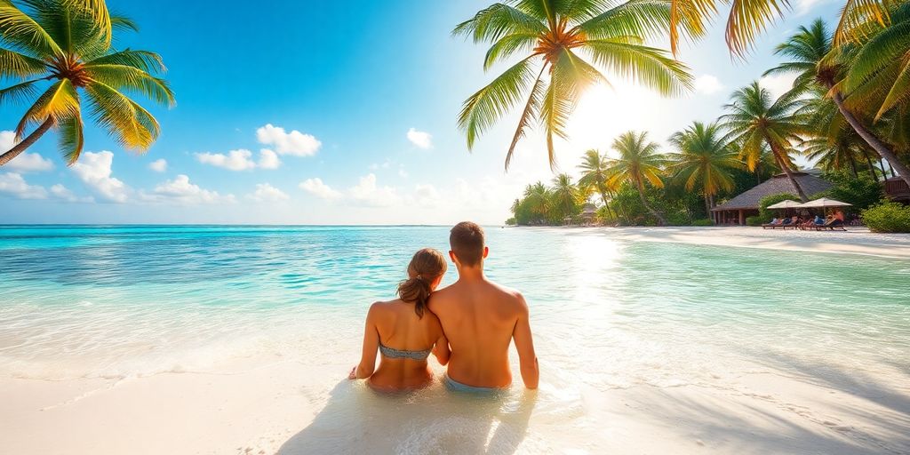 Couple relaxing on a tropical beach with turquoise water.