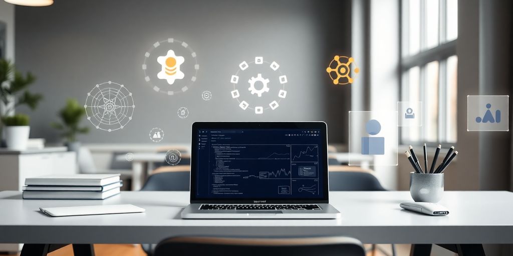 Modern workspace with AI and HubSpot icons.
