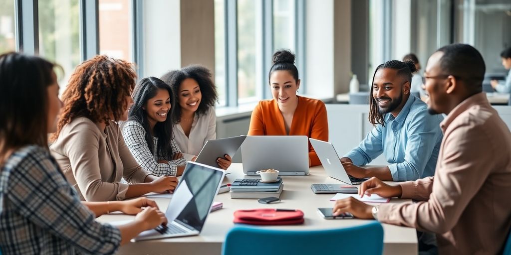 Diverse group discussing AI with laptops and notepads.