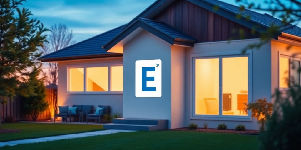 Energielabel E op een huis, met een warme gloed.