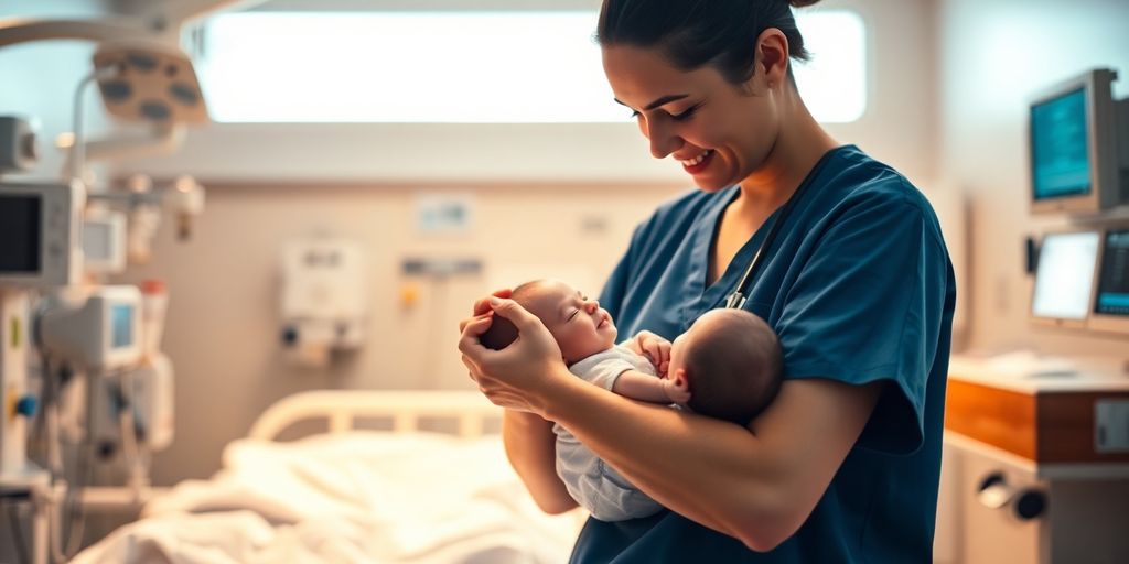 Nurse caring for infant in pediatric ICU