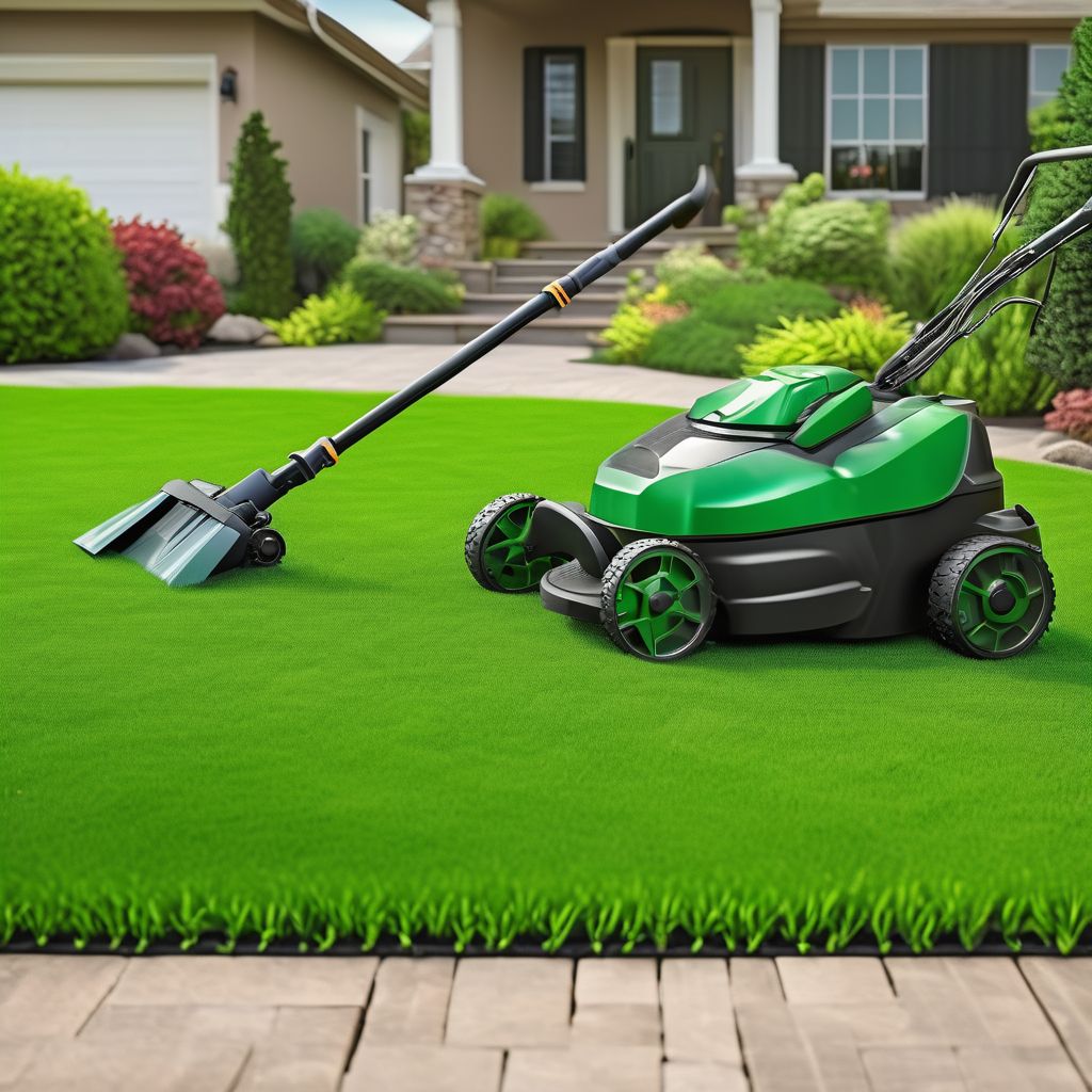 lush green lawn with healthy grass and pest control equipment