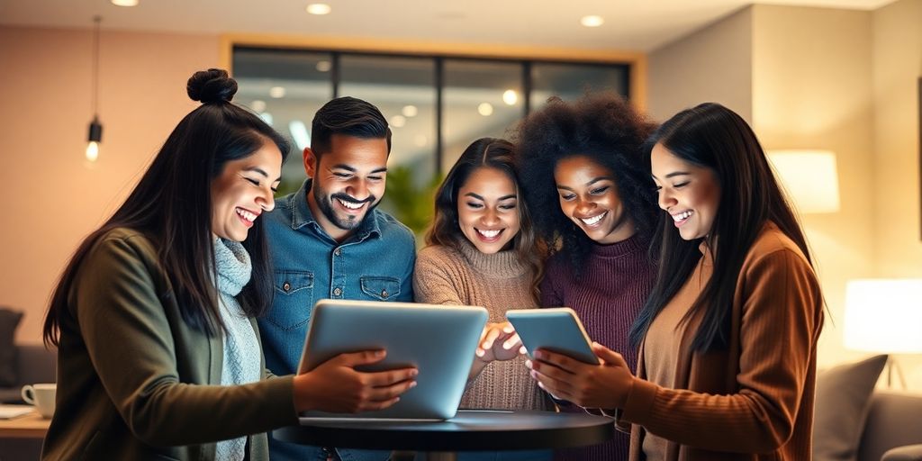 Group of diverse people interacting with technology together.