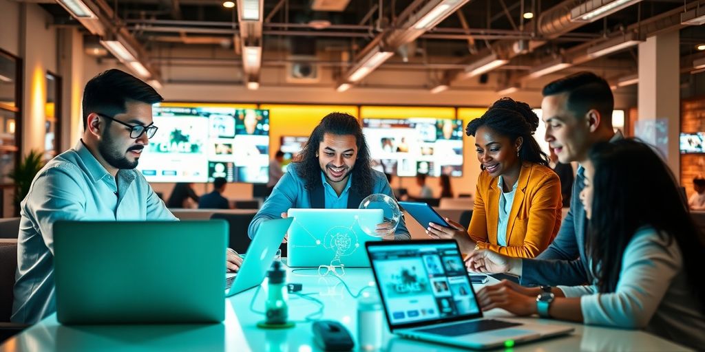 Profissionais de marketing colaborando com tecnologia de IA.