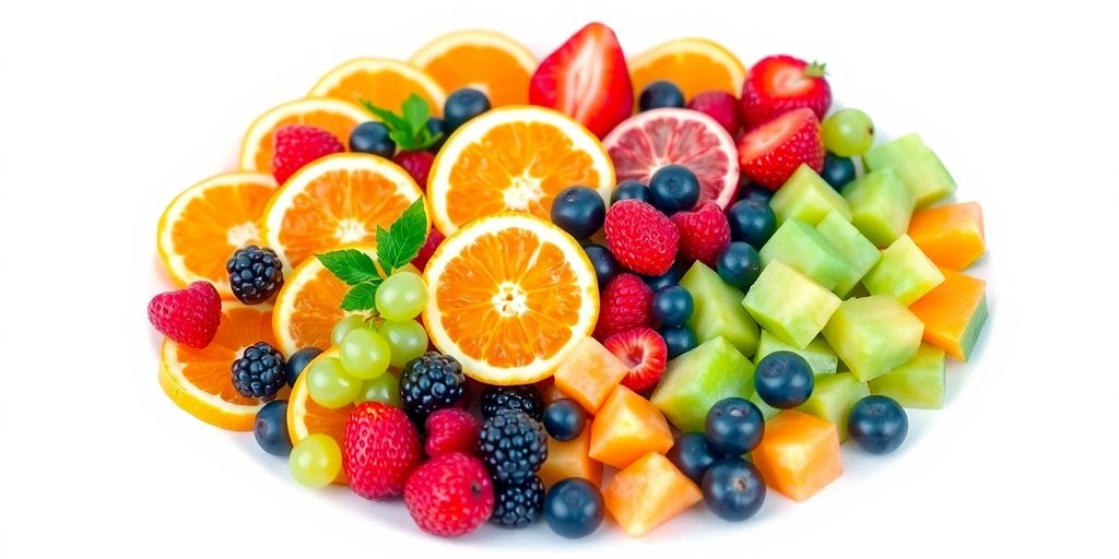 ผลไม้สดนานาชนิดจัดวางสวยงามน่ารับประทาน