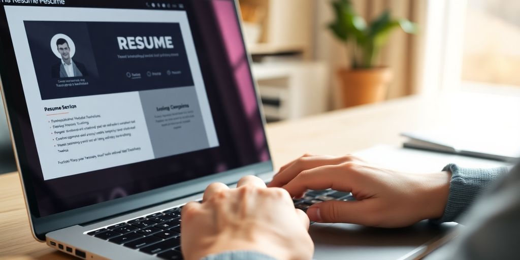 Laptop screen displaying resume, person smiling.