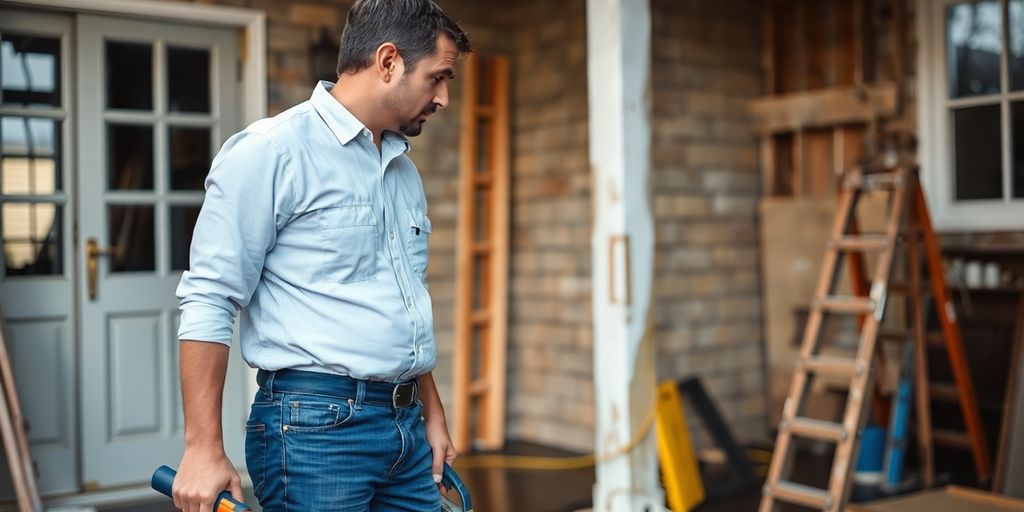 Restoration technician inspecting damaged property with tools.