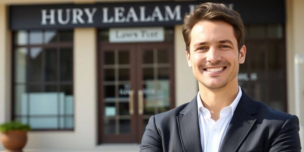 Personal injury lawyer smiling outside a law office.