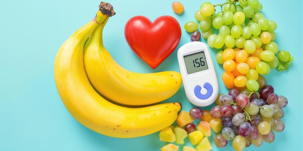 Fruits and glucose meter on a colorful background.
