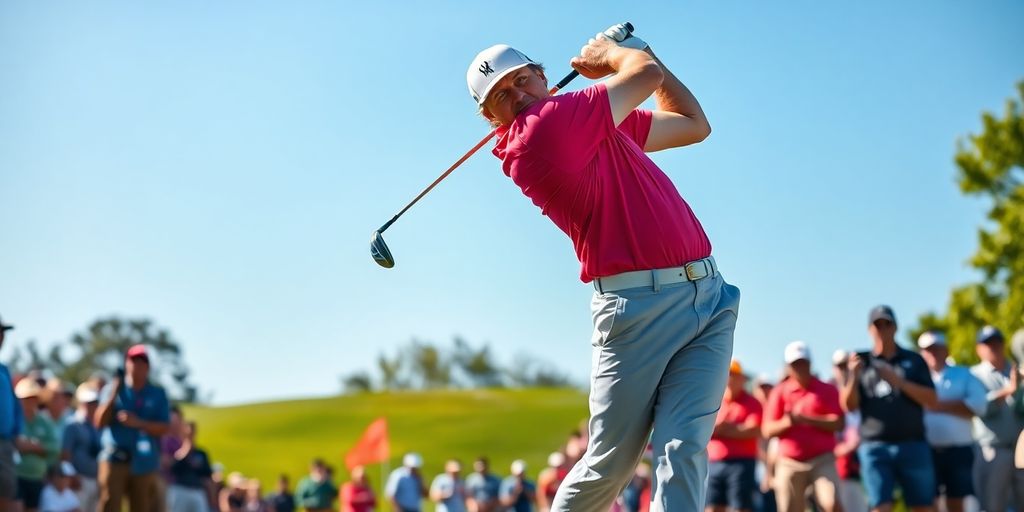 Golfer swinging on a lush golf course during PGA Tour.
