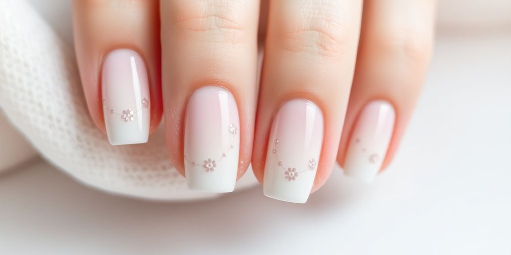 Unhas decoradas com cores claras e designs delicados.