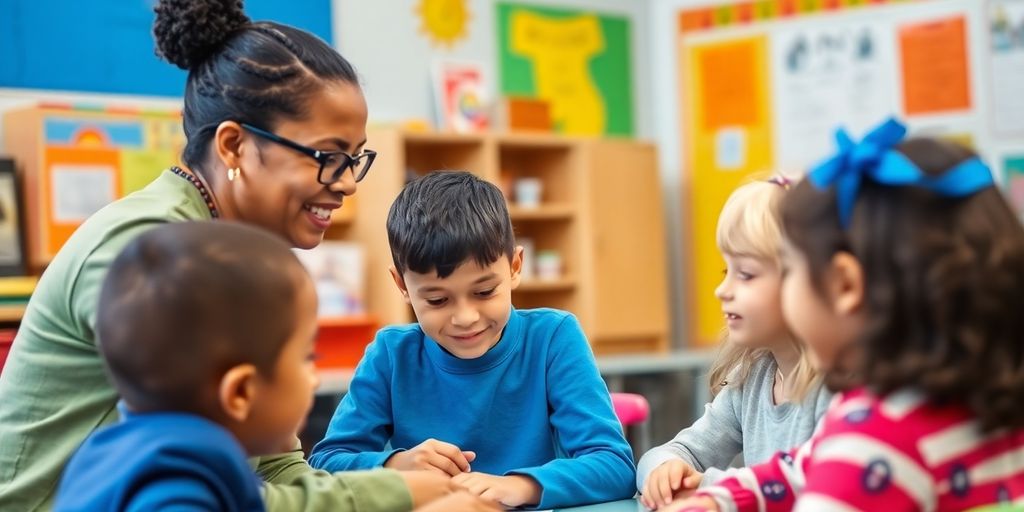 Schulbegleiter unterstützt Schüler in einem Klassenzimmer.