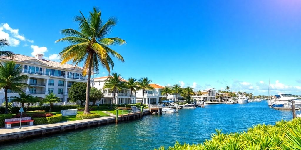 Vibrant Aventura scene with luxury homes and palm trees.