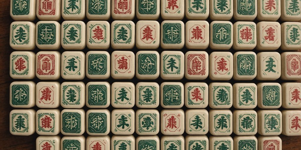 Vintage Mahjong number tiles on a wooden table.