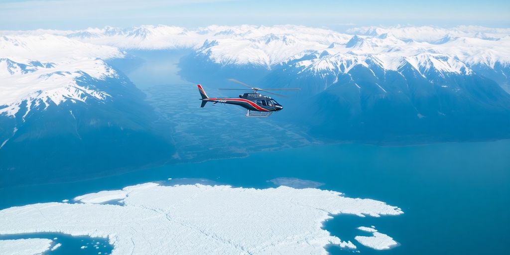 A helicopter soars over snow-capped Alaskan mountains and a glacier.
