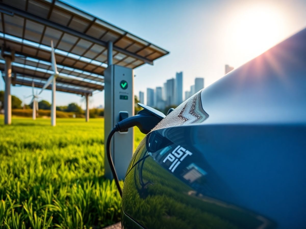 Mașină electrică modernă la stație de încărcare cu turbine eoliene