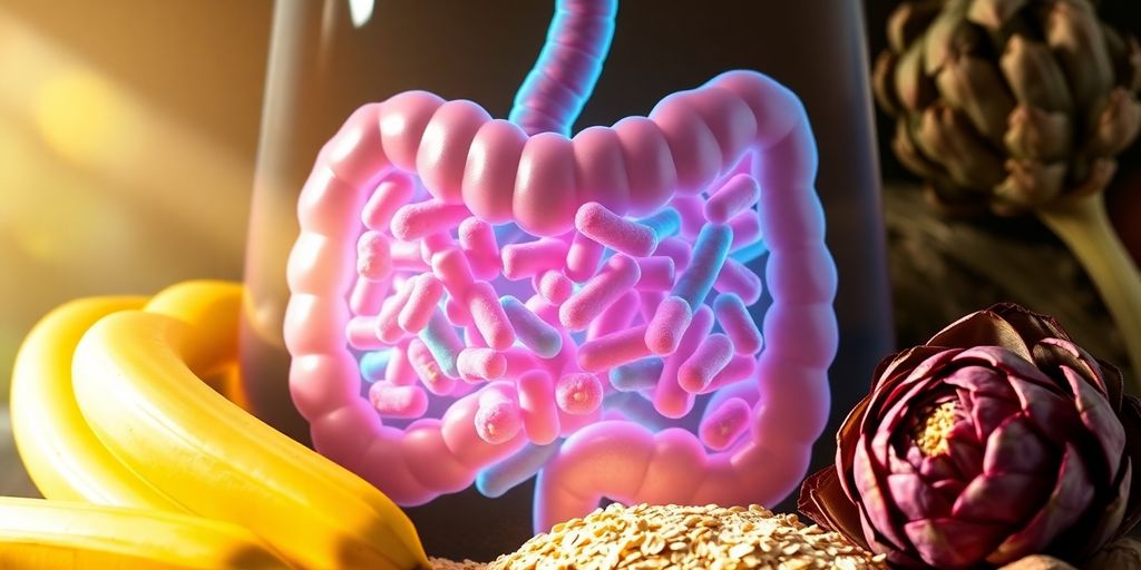 Colorful prebiotics next to healthy gut.