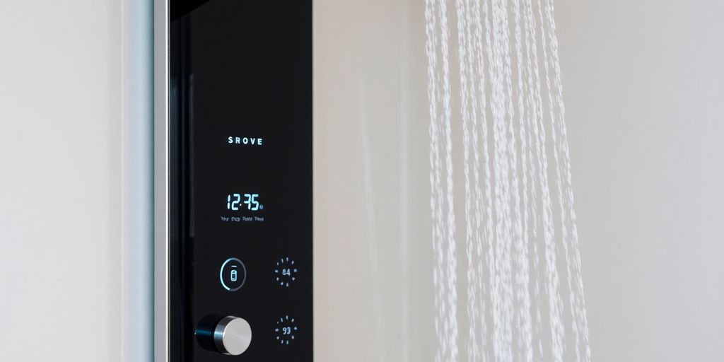 Sleek, modern smart shower panel in a bathroom.