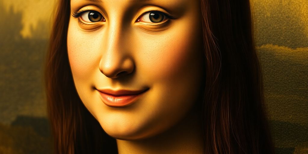Close-up of the Mona Lisa painting with detailed features.