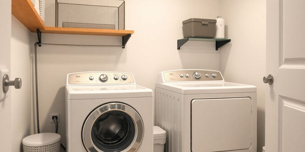 Moderne Waschmaschinen für kleine Haushalte in einem Raum.