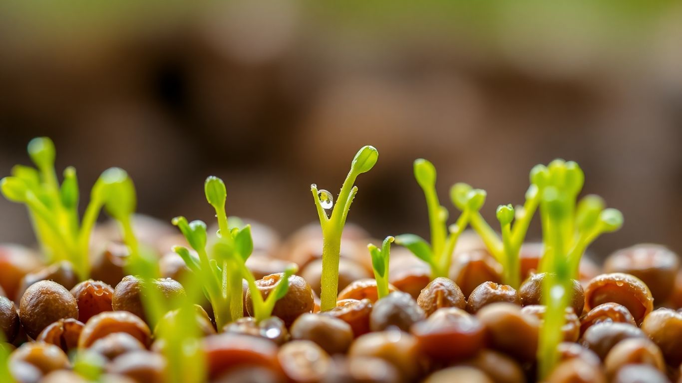 Close-up of fresh, dewy green sprouts emerging from seeds.