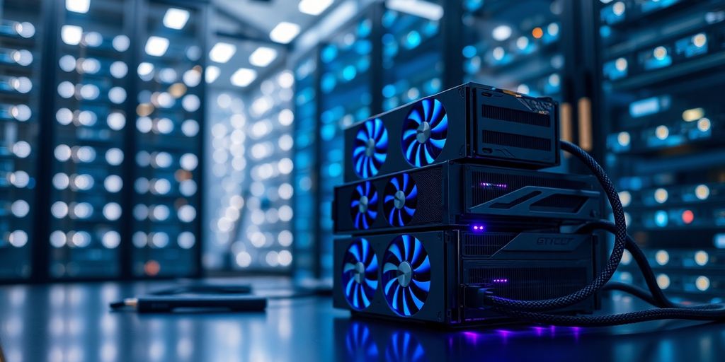 Stacked GPUs with glowing LED lights and braided power cables.