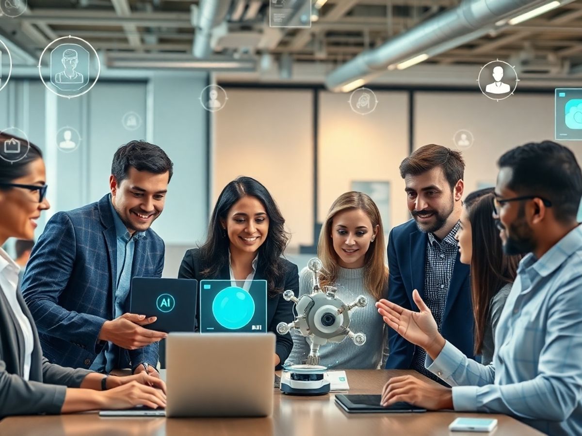 Professionals collaborating with AI in a modern office.